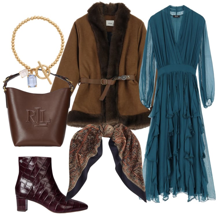 Outfit donna - Total look #2262050. Stile Chic per Serata fuori. Abbinamento con vestiti midi/longuette, cinture, borse a secchiello, braccialetti, stivaletti, foulard.