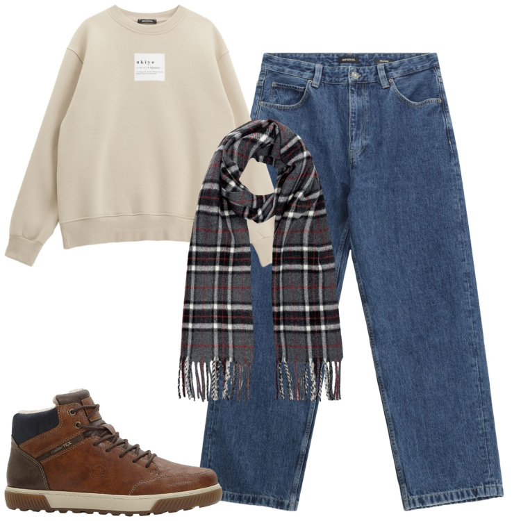Outfit uomo - Total look #2262053. Stile Casual per Tutti i giorni. Abbinamento con sneakers alte, jeans, felpe, sciarpe.