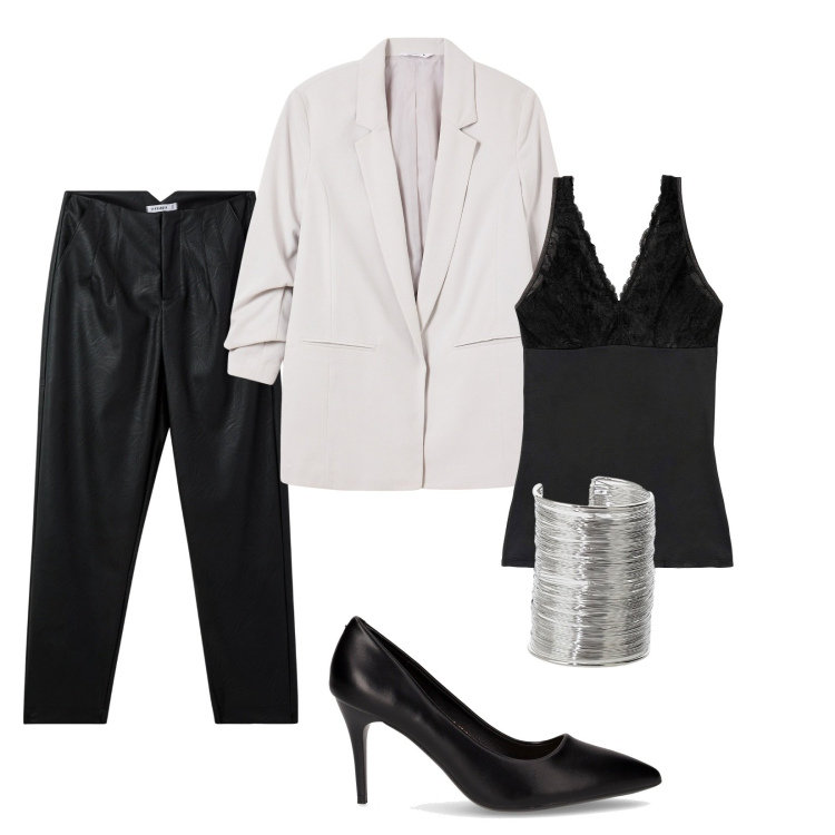 Outfit donna - Look In grigio. Stile Casual chic per Ufficio. Abbinamento con top, pantaloni chino, blazer, braccialetti, décolleté.