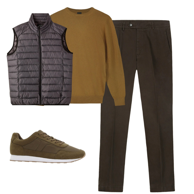 Outfit uomo - City. Stile Urban per Tutti i giorni. Abbinamento con sneakers, piumini, pantaloni chino, maglieria.