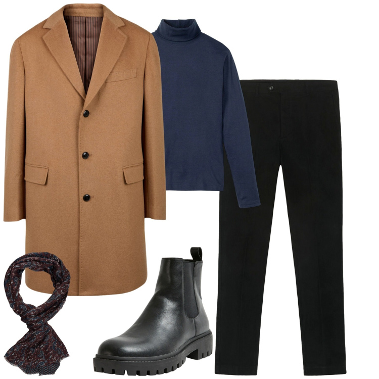 Outfit uomo - City. Stile Business/Elegante per Tutti i giorni. Abbinamento con maglieria, stivali e stivaletti, cappotti, pantaloni chino, sciarpe.