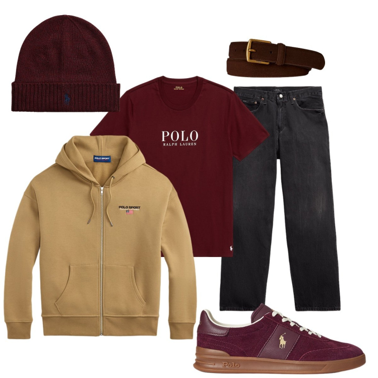 Outfit uomo - I colori delle foglie autunnali. Stile Casual per Tutti i giorni. Abbinamento con t-shirt, berretti, cinture, sneakers, jeans, felpe con cappuccio.