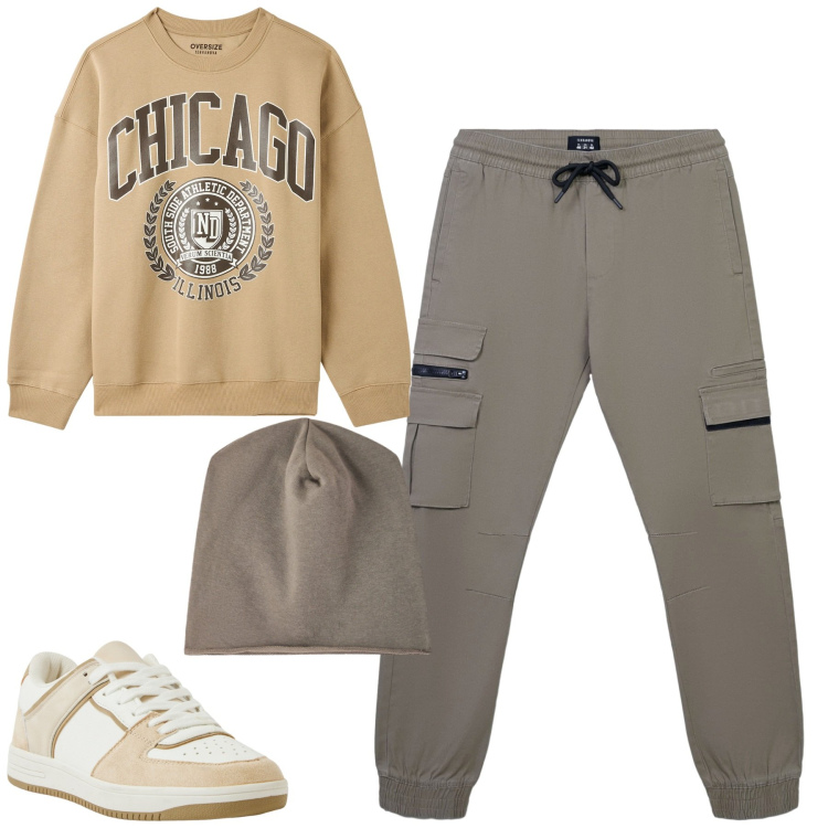 Outfit uomo - Total look #2262065. Stile Casual per Tutti i giorni. Abbinamento con felpe sportive, sneakers, pantaloni cargo, berretti.