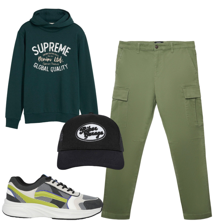 Outfit uomo - Total look #2262068. Stile Casual per Tutti i giorni. Abbinamento con felpe con cappuccio, cappelli, pantaloni cargo, sneakers.
