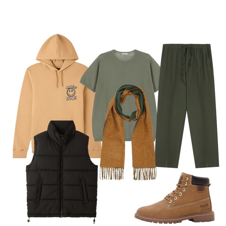 Outfit uomo - Passeggiata nel bosco. Stile Casual per Sport. Abbinamento con stivali e stivaletti, felpe con cappuccio, piumini, t-shirt, pantaloni, sciarpe.
