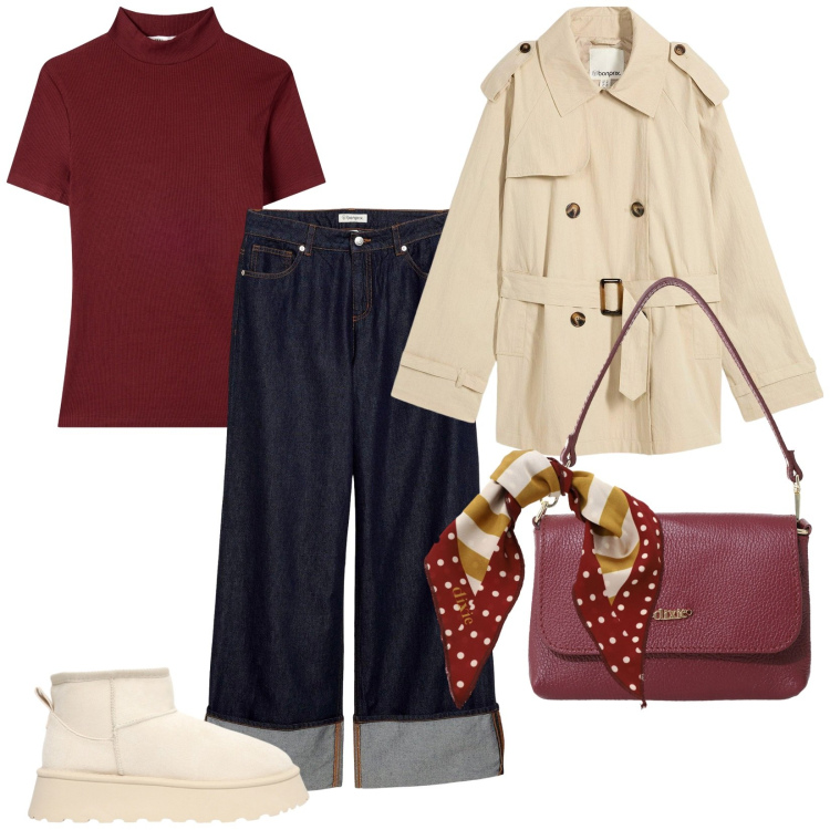 Outfit donna - Trench classico. Stile Casual per Tutti i giorni. Abbinamento con jeans, trench, t-shirt, stivaletti, borse a tracolla, foulard.