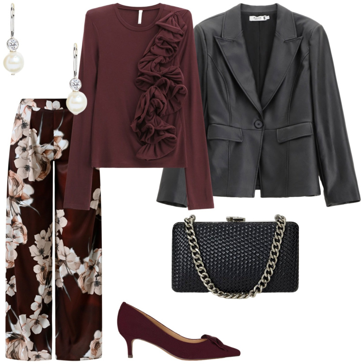 Outfit donna - Serata a teatro. per Serata fuori. Abbinamento con blazer, pantaloni a palazzo, t-shirt, orecchini, clutch, décolleté.