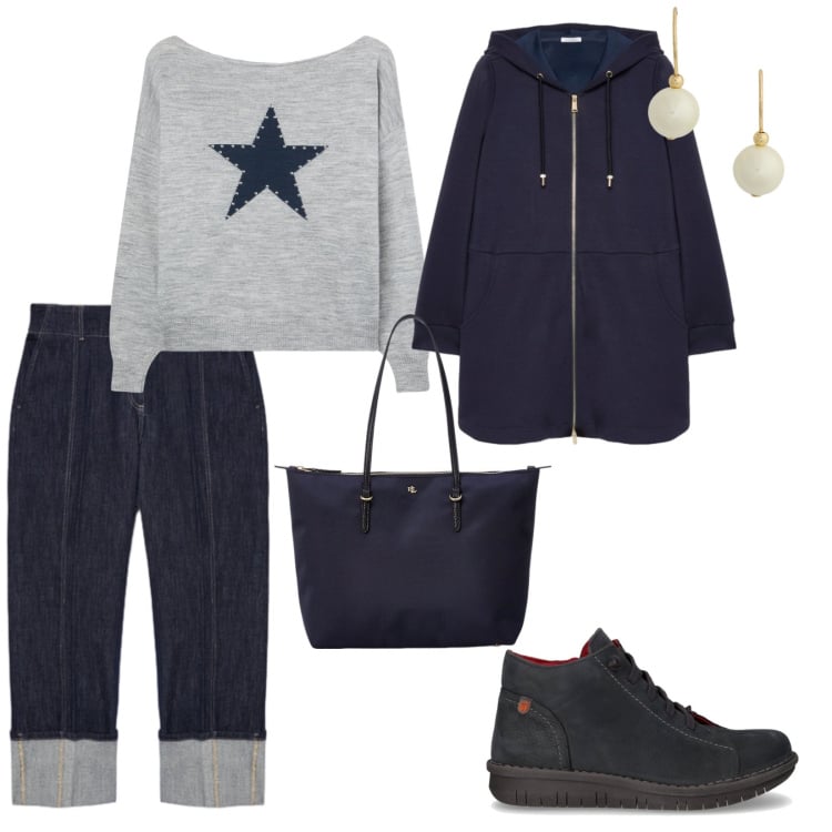 Outfit donna - In pineta. per Mare. Abbinamento con maglieria, borse tote, orecchini, felpe con cappuccio, jeans, stivaletti.