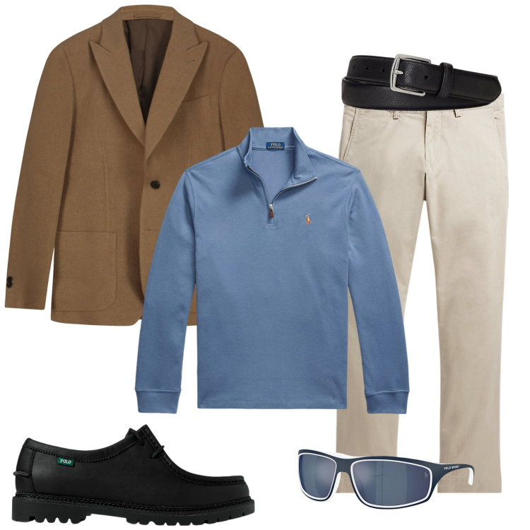 Outfit uomo - Minimal urbano. Stile Urban per Ufficio. Abbinamento con pantaloni, cinture, scarpe stringate, pullovers, occhiali da sole, giacche.