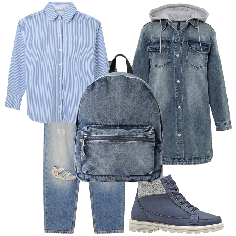 Outfit donna - Weekend in jeans. Stile Casual per Tutti i giorni. Abbinamento con blazer, stivaletti, camicie, zaini, jeans mom.