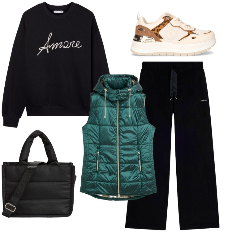 Outfit donna - Total look #2262087. Stile Casual per Tutti i giorni. Abbinamento con gilet, felpe, shopping bag, pantaloni, sneakers.