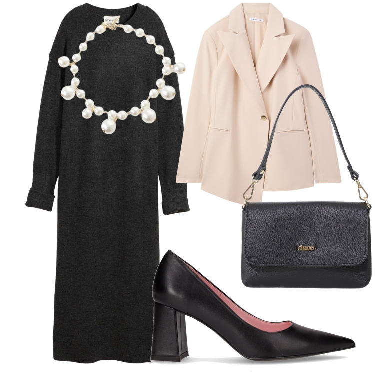 Outfit donna - Venerdì sera. Stile Bon Ton per Serata fuori. Abbinamento con vestiti midi/longuette, blazer, borse a tracolla, collane, décolleté.