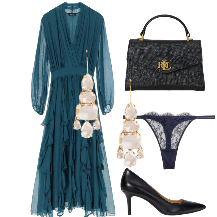 Outfit donna - Appuntamento. Stile Glamour per Serata fuori. Abbinamento con vestiti midi/longuette, borse a mano, décolleté, orecchini, perizomi.