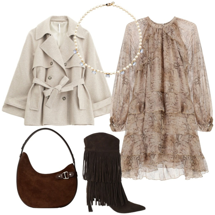 Outfit donna - Look audace: texani e vestito romantico. Stile Chic per Tutti i giorni. Abbinamento con vestiti corti, trench, stivali, collane, borse a spalla.