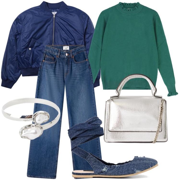 Outfit donna - Accessori wow e tutto sportivo. Stile Casual chic per Tutti i giorni. Abbinamento con bomber, borse a tracolla, jeans, braccialetti, maglieria, ballerine.