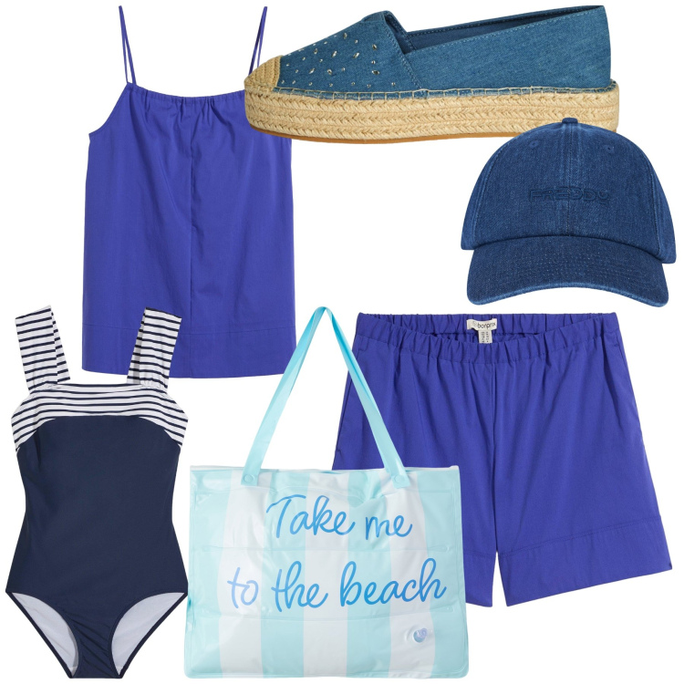 Outfit donna - Ancora spiaggia. Stile Trendy per Mare. Abbinamento con shorts, costumi interi, top, espadrillas, borse tote, cappelli con visiera.
