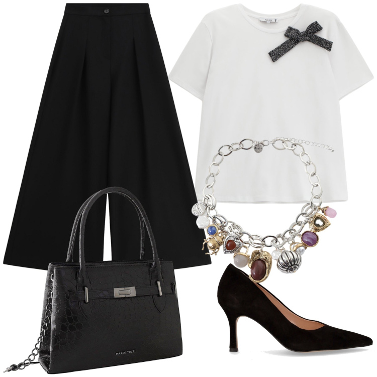 Outfit donna - Fiocchetto e charms. Stile Urban per Ufficio. Abbinamento con borse a mano, braccialetti con ciondoli, t-shirt, pantaloni a palazzo, décolleté.