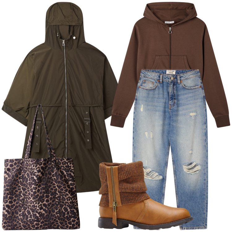 Outfit donna - Pioggia non ti temo e sono glamour. Stile Trendy per Tutti i giorni. Abbinamento con stivaletti, trench, shopping bag, jeans mom, felpe con cappuccio.