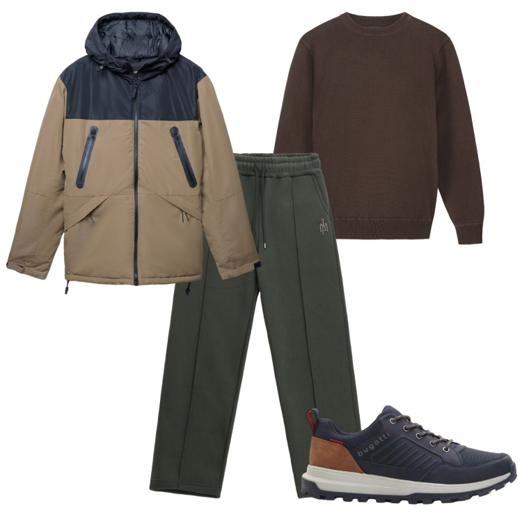 Outfit uomo - Passeggiata al primo freddo autunnale. Stile Urban per Tutti i giorni. Abbinamento con sneakers, bomber, pantaloni, maglieria.