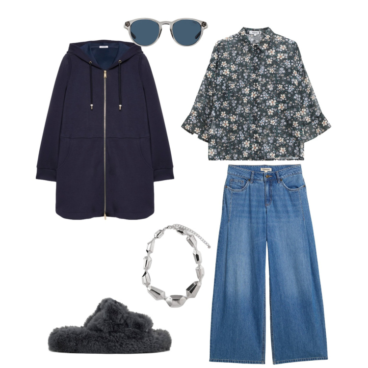 Outfit donna - Sporty chic. Stile Casual chic per Tutti i giorni. Abbinamento con jeans, camicie, occhiali da sole, felpe con cappuccio, ciondoli, ciabatte.