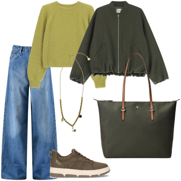 Outfit donna - Maglia verde acido. Stile Casual per Scuola/Università. Abbinamento con jeans, maglieria, bomber, ciondoli, borse tote, sneakers.