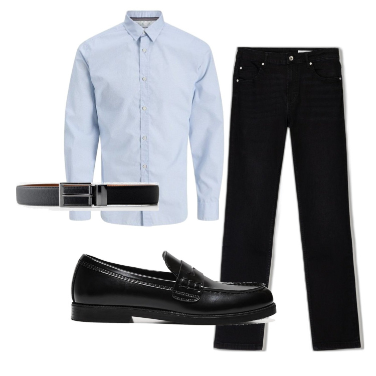 Outfit hombre - Business/Elegante #2734. Estilo Business/Elegante para Oficina. Combinación con vaqueros pitillo, zapatos con cordones, cinturones, camisas.