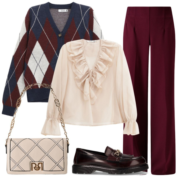 Outfit donna - Total look #2262113. Stile Bon Ton per Ufficio. Abbinamento con camicie, cardigans, borse a tracolla, pantaloni a palazzo, mocassini.