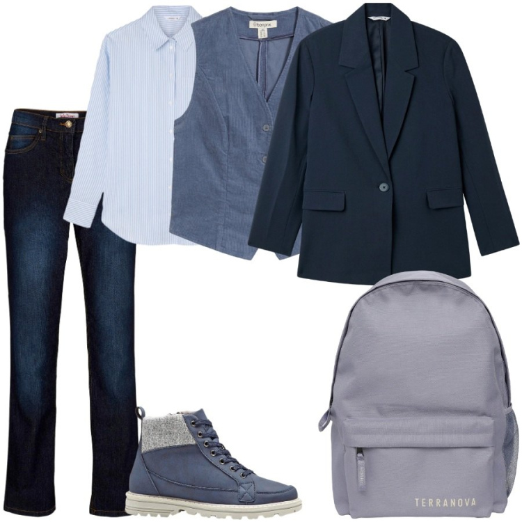 Outfit donna - In viaggio in tale mannish. Stile Mannish per Tutti i giorni. Abbinamento con stivaletti, jeans dritti, gilet, blazer, zaini, camicie.