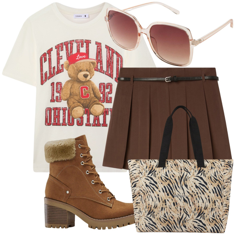 Outfit donna - Preppy bear. Stile Preppy per Tutti i giorni. Abbinamento con stivaletti, occhiali da sole, minigonne, t-shirt, shopping bag.