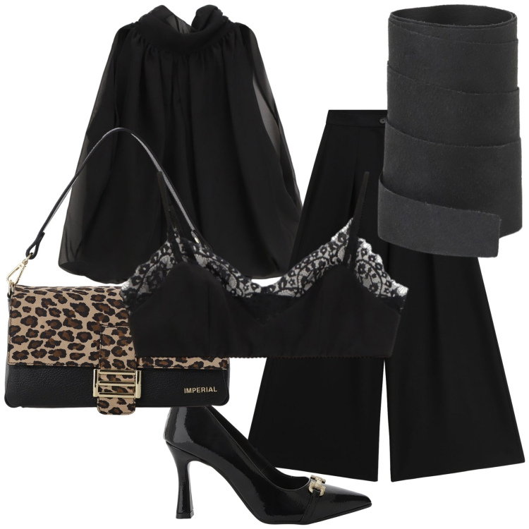 Outfit donna - Chic Imperial. Stile Glamour per Serata fuori. Abbinamento con bluse, pantaloni a palazzo, cinture, borse a spalla, décolleté, bralette.