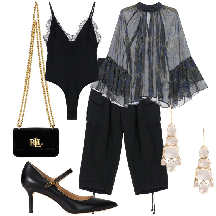 Outfit donna - Aperitivo del venerdì coi colleghi. Stile Glamour per Serata fuori. Abbinamento con pantaloni, body, bluse, orecchini, décolleté, pochette.