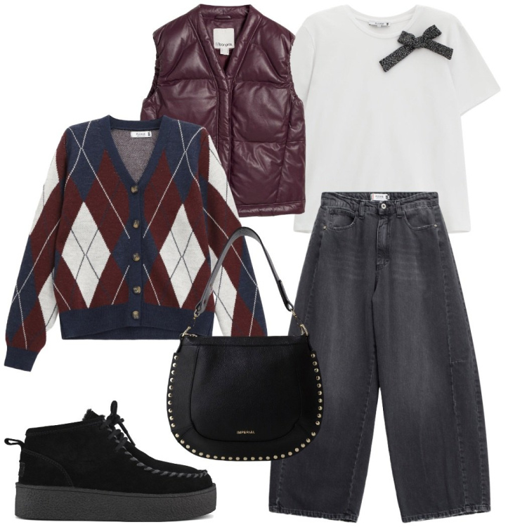 Outfit donna - Urban style. Stile Casual chic per Tutti i giorni. Abbinamento con piumini, jeans, cardigans, t-shirt, borse a spalla, stivaletti.