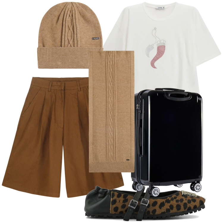 Outfit donna - Un viaggio fortunato. Stile Casual chic per Tutti i giorni. Abbinamento con t-shirt, sciarpe, berretti, valigie, ballerine, bermuda.