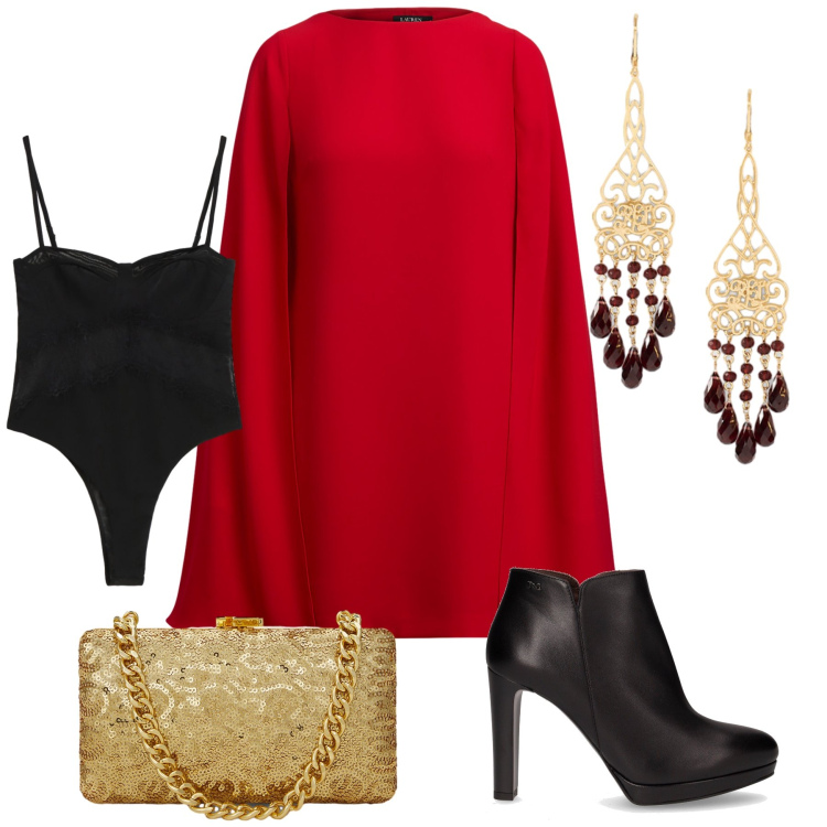 Outfit donna - Miranda style. Stile Glamour per Serata fuori. Abbinamento con body, vestiti corti, orecchini, clutch, stivaletti.