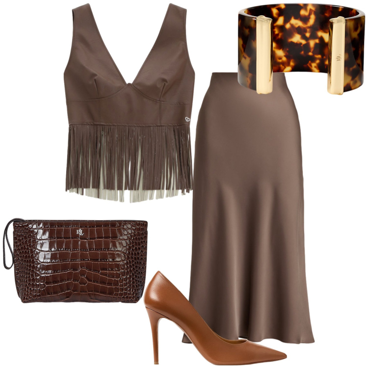 Outfit donna - Brown. Stile Glamour per Serata fuori. Abbinamento con top, décolleté, pochette, gonne, braccialetti.