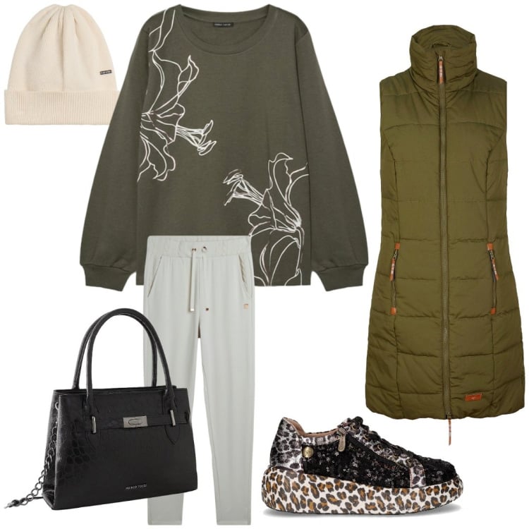 Outfit donna - Weekend sporty chic. Stile Sporty chic per Tutti i giorni. Abbinamento con gilet, borse a mano, pantaloni, berretti, sneakers, felpe.