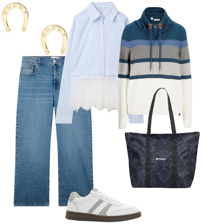 Outfit donna - Gli orecchini fortunati. per Tutti i giorni. Abbinamento con maglieria, sneakers, camicie, jeans, shopping bag, orecchini.
