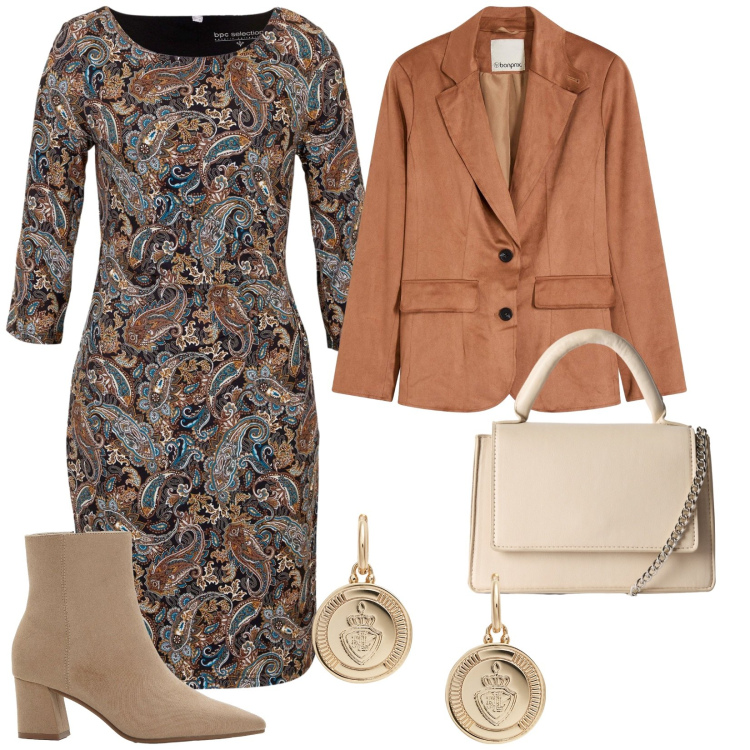 Outfit donna - Il vestito fantasia. per Scuola/Università. Abbinamento con vestiti, blazer, stivaletti, borse a tracolla, orecchini.