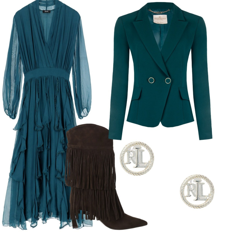 Outfit donna - Serata "GALA" con le amiche. Stile Casual chic per Serata fuori. Abbinamento con blazer, vestiti midi/longuette, stivali, orecchini.