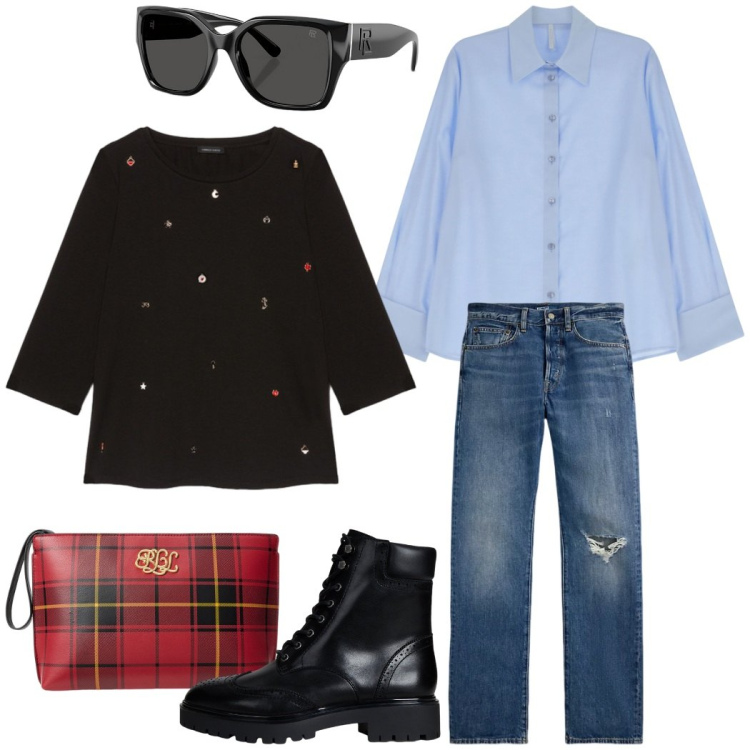 Outfit donna - Urban style. Stile Urban per Ufficio. Abbinamento con camicie, occhiali da sole, jeans dritti, pochette, anfibi, t-shirt.