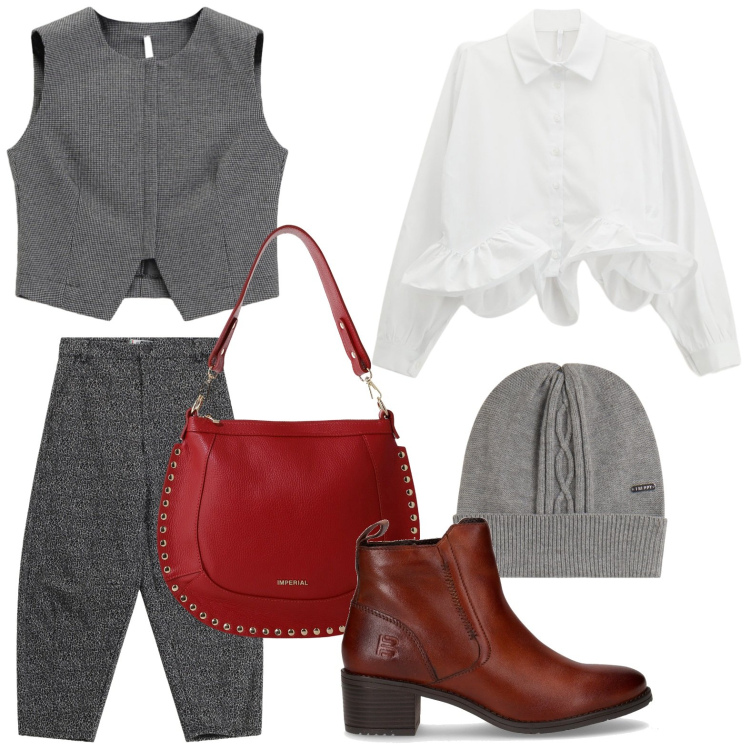Outfit donna - Minimal autunnale. Stile Minimal per Tutti i giorni. Abbinamento con pantaloni, camicie, gilet, borse a spalla, berretti, stivaletti.