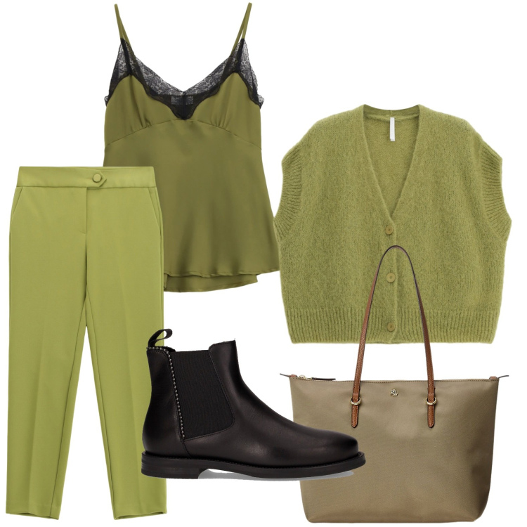 Outfit donna - Vestirsi di verde. Stile Minimal per Tutti i giorni. Abbinamento con top, maglieria, pantaloni, borse tote, stivaletti chelsea.