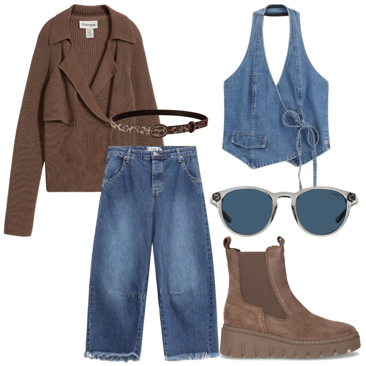 Outfit donna - Ispirazione denim. Stile Basic per Tutti i giorni. Abbinamento con cardigans, cinture, gilet, jeans, occhiali da sole, stivaletti chelsea.