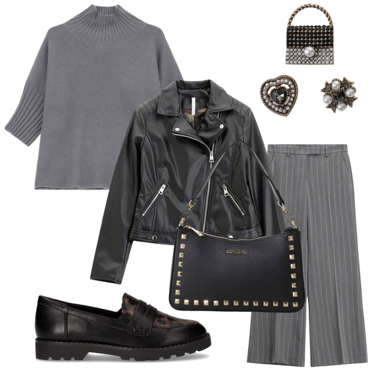 Outfit donna - Minimal. Stile Trendy per Serata fuori. Abbinamento con pantaloni a palazzo, maglieria, blazer, accessori per capelli, pochette, mocassini.
