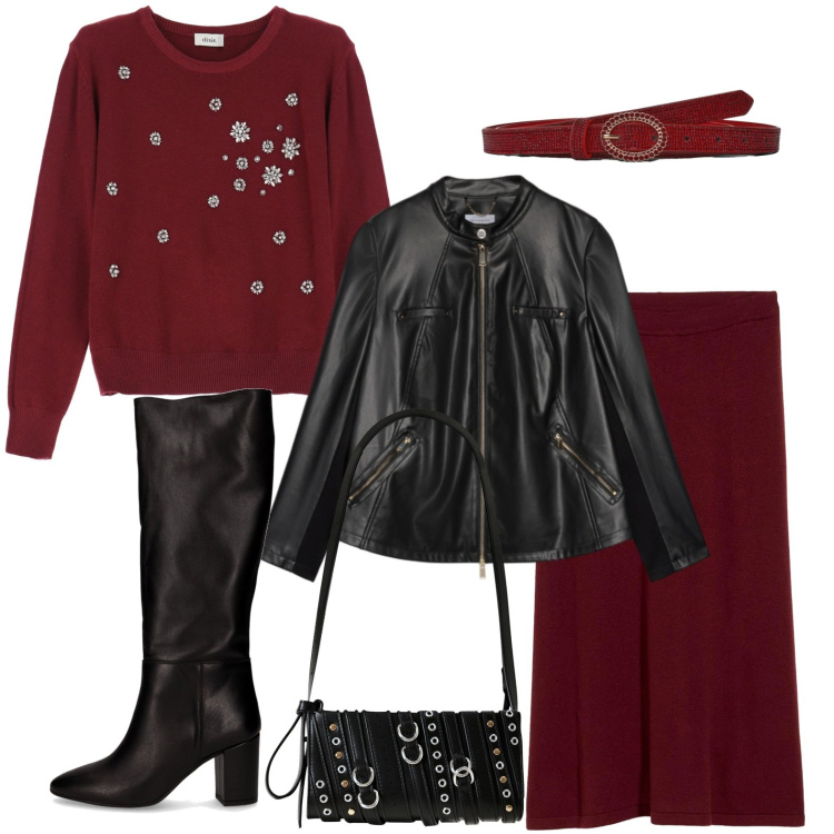 Outfit donna - La teoria del bordeaux. Stile Casual per Tutti i giorni. Abbinamento con gonne, cinture, borse a spalla, maglieria, giacche, stivali.