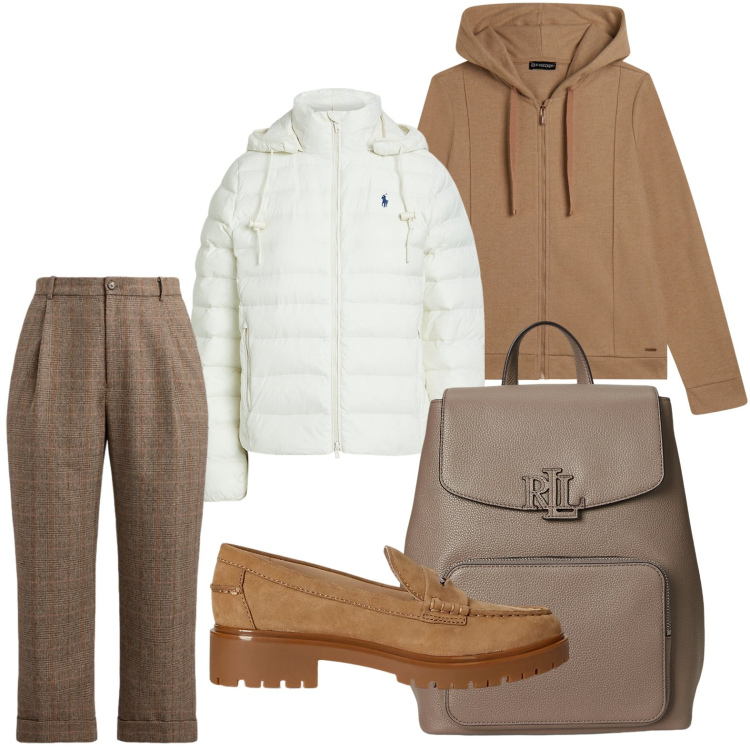 Outfit donna - Opzione felpa. Stile Minimal per Ufficio. Abbinamento con felpe con cappuccio, giacche, mocassini, pantaloni, zaini.