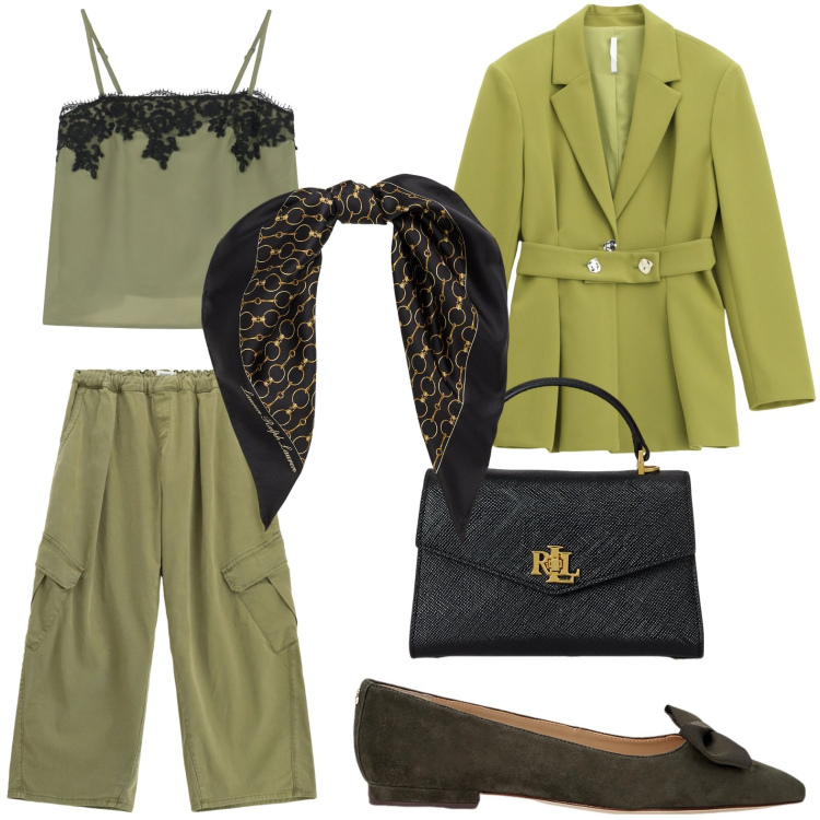 Outfit donna - Raffinata. Stile Bon Ton per Ufficio. Abbinamento con pantaloni cargo, blazer, top, ballerine, borse a mano, foulard.