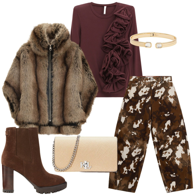 Outfit donna - La pelliccia must have. Stile Chic per Serata fuori. Abbinamento con pantaloni a palazzo, t-shirt, blazer, borse a tracolla, braccialetti, stivaletti chelsea.