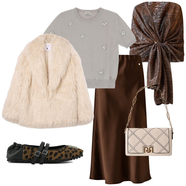 Outfit donna - Atmosfere romantiche. Stile Romantica per Serata fuori. Abbinamento con ecopellicce, maglieria, gonne longuette, borse a tracolla, stole, ballerine.