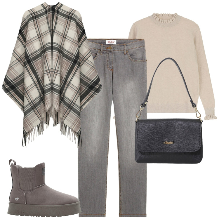 Outfit donna - Ottobre. Stile Casual per Tutti i giorni. Abbinamento con jeans dritti, stivaletti, cappotti, borse a tracolla, maglieria.